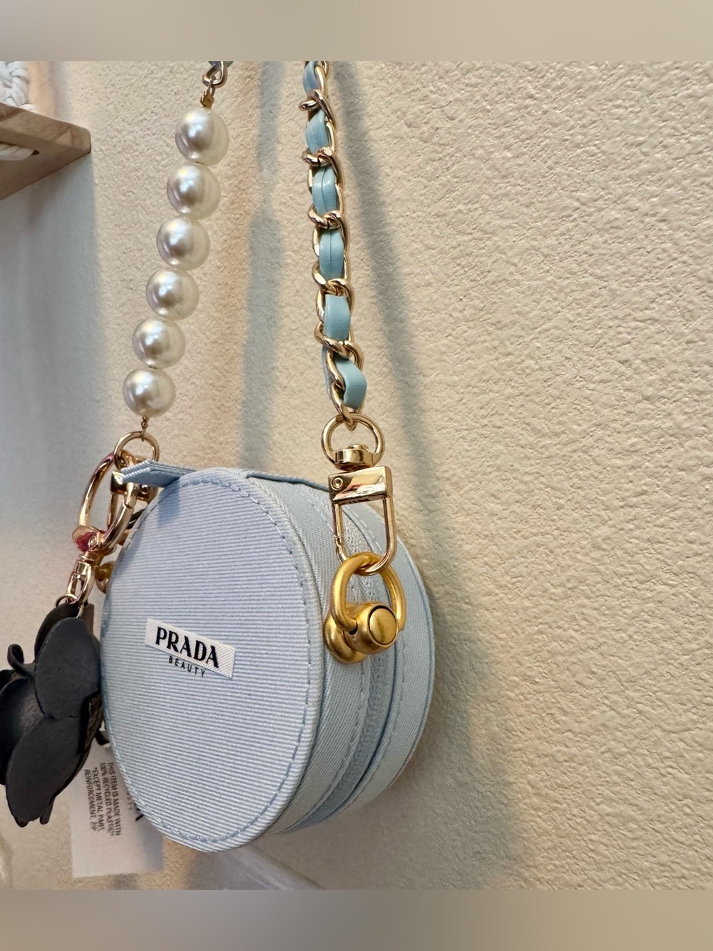 Prada Beauty Light Blue Round Pouch with gold chain Pearl Strap - Picture 3 of 8